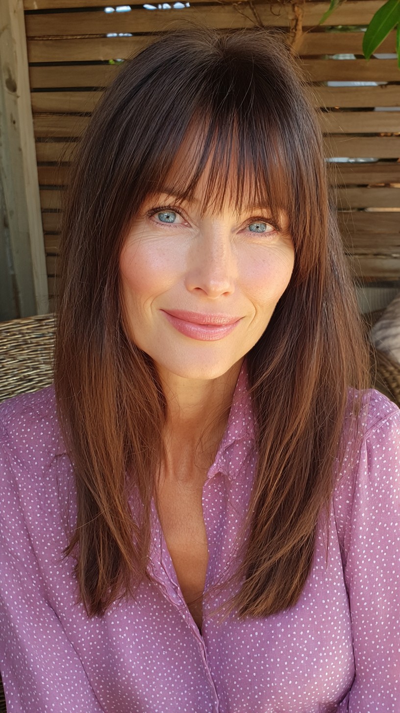 Long Chestnut Layers with Wispy See-Through Bangs