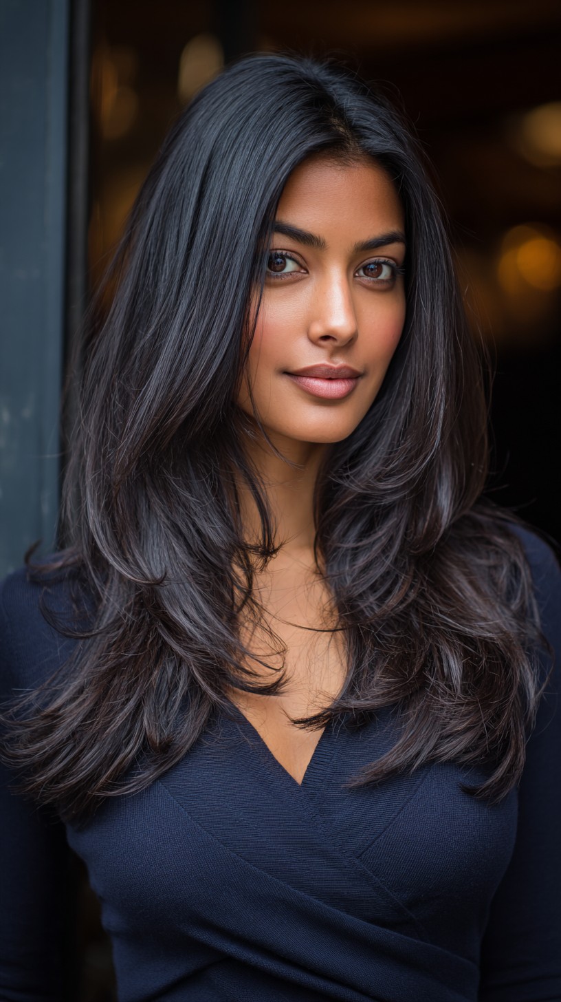 Long Dark Face-Framing Layers with Soft Feathered Ends