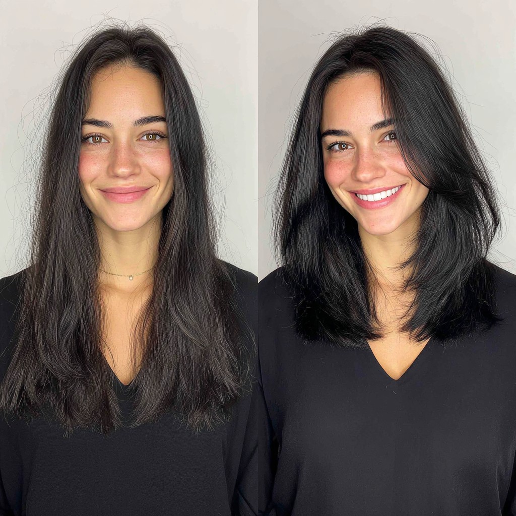 Mid-Length Center-Parted Layered Lob with Feathered Face-Framing