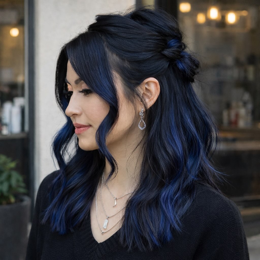 Mid-Length Dark Blue Peekaboo Lowlights with Half-Up Twist