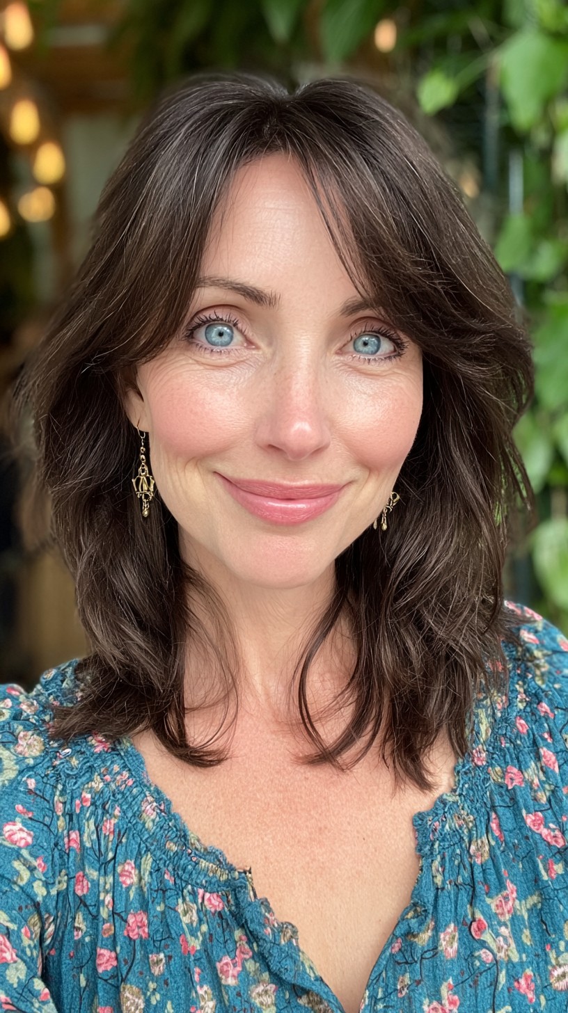 Mid-Length Feathered Layers with Curtain Fringe and Root-Smudge Depth