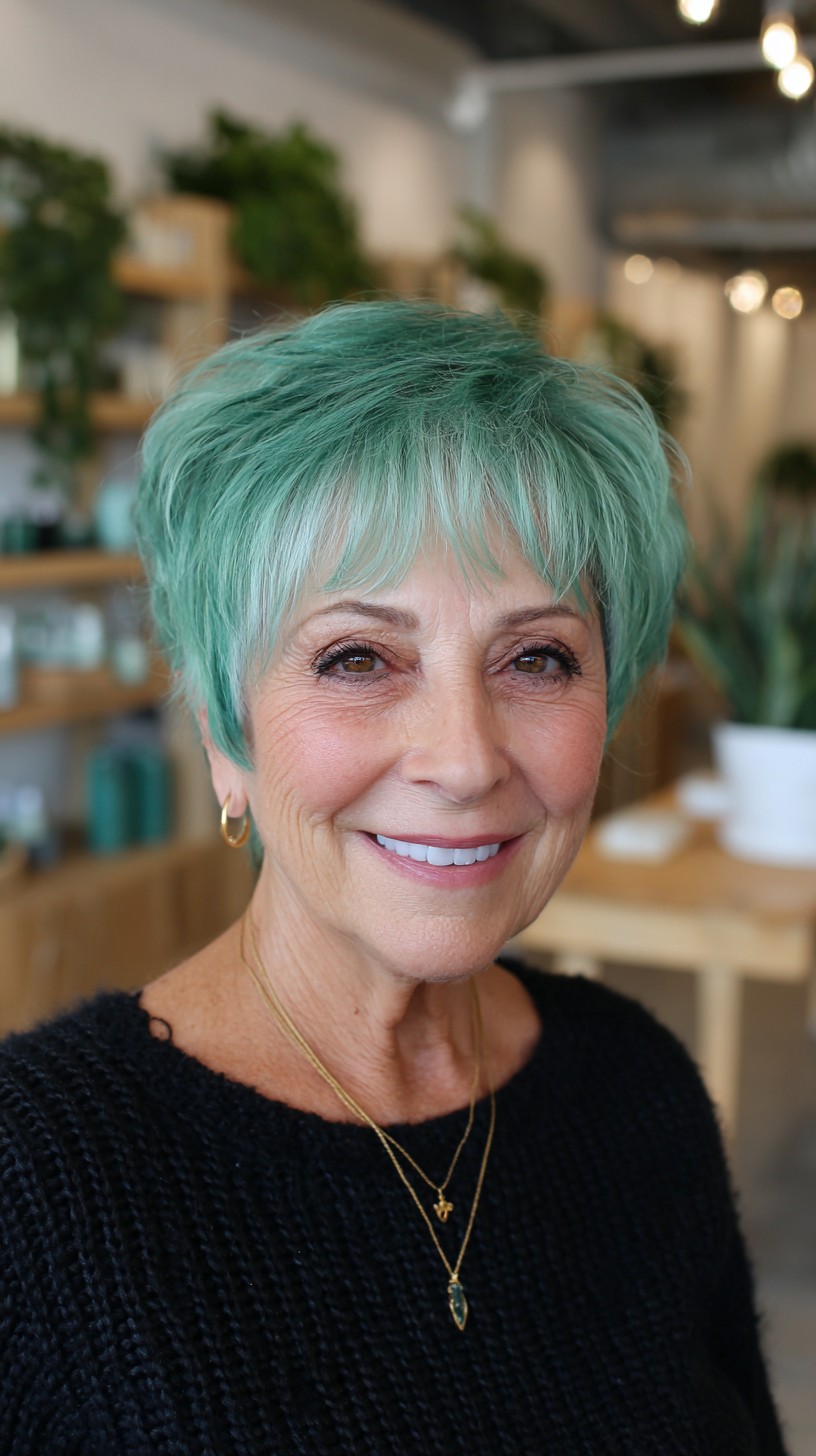 Mint Teal Feathered Pixie with Soft Micro Fringe