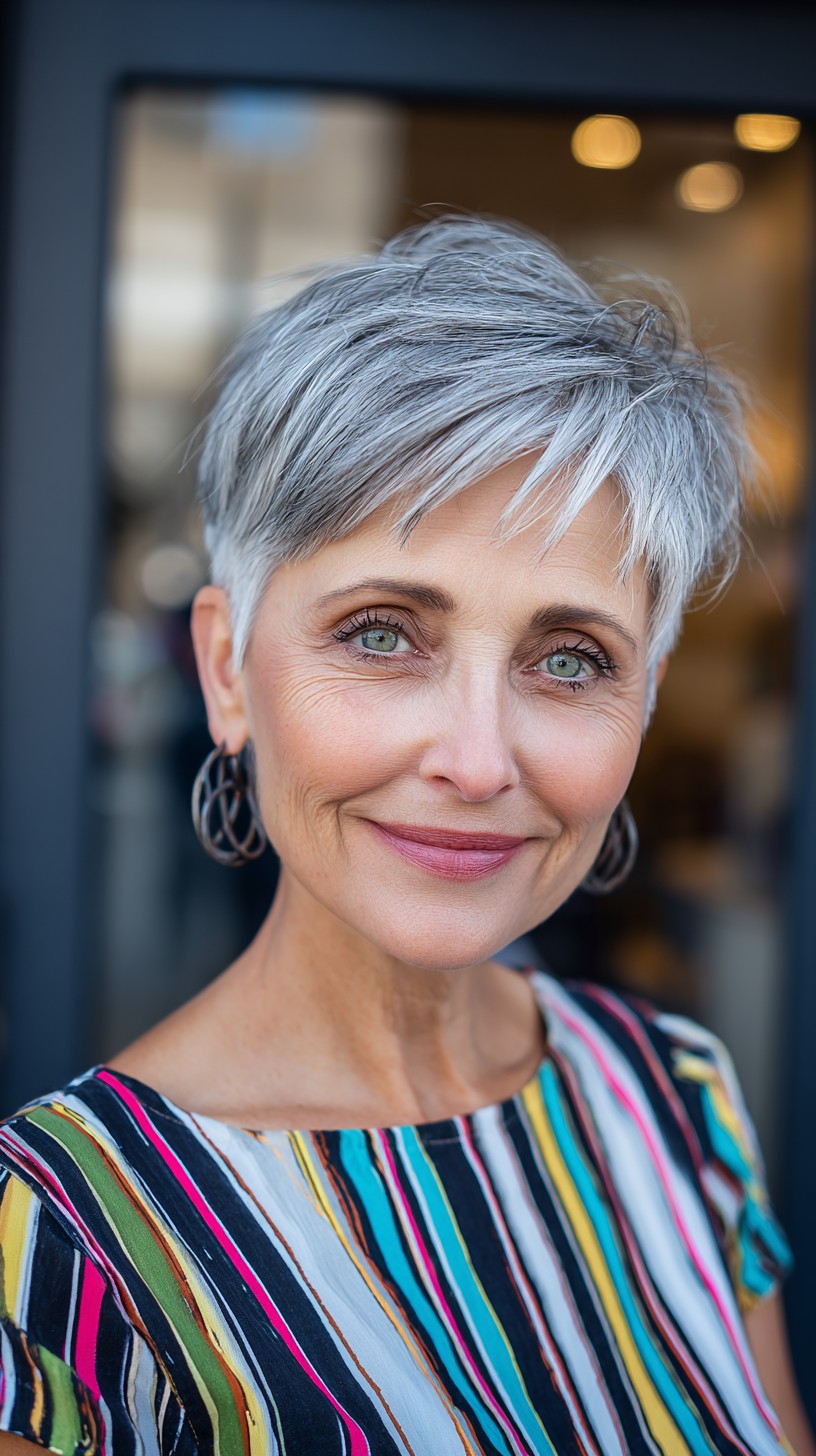 Modern Textured Silver Pixie with Diagonal Feathered Fringe
