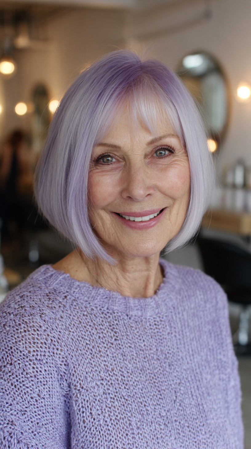 Pastel Lavender Chin-Length Bob with Soft Wispy Fringe
