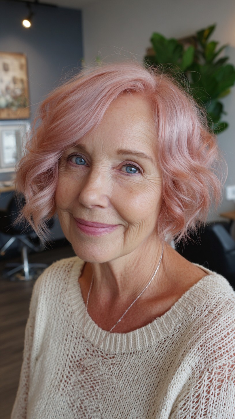 Pastel Rose Chin-Length Textured Bob with Side-Swept Fringe