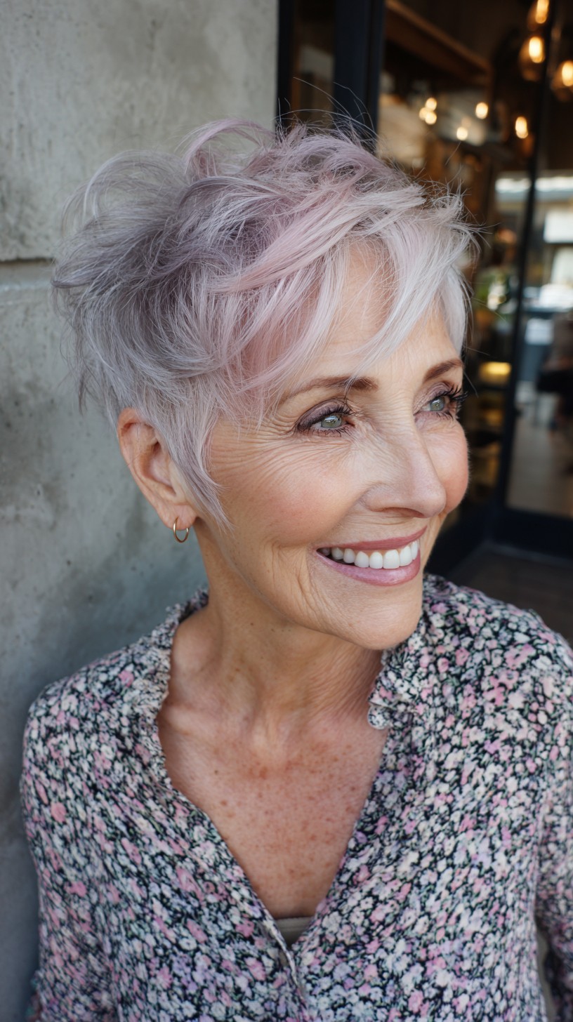 Pastel Rose-Silver Textured Pixie with Feathered Fringe