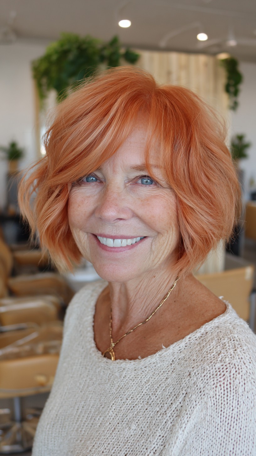 Peach-Copper Chin-Length Textured Lob with Curtain Fringe