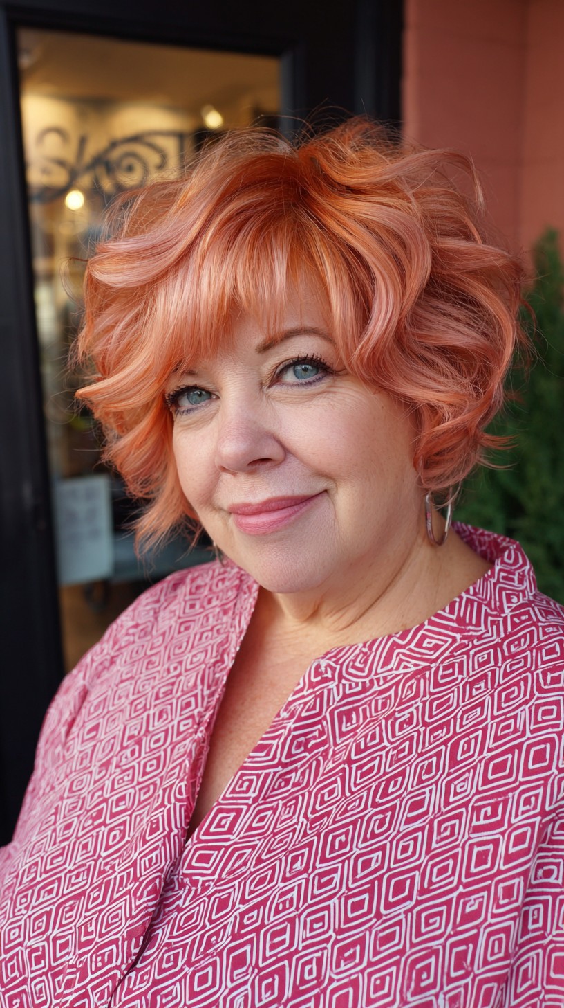 Peach-Copper Layered Textured Bob with Short Fringe
