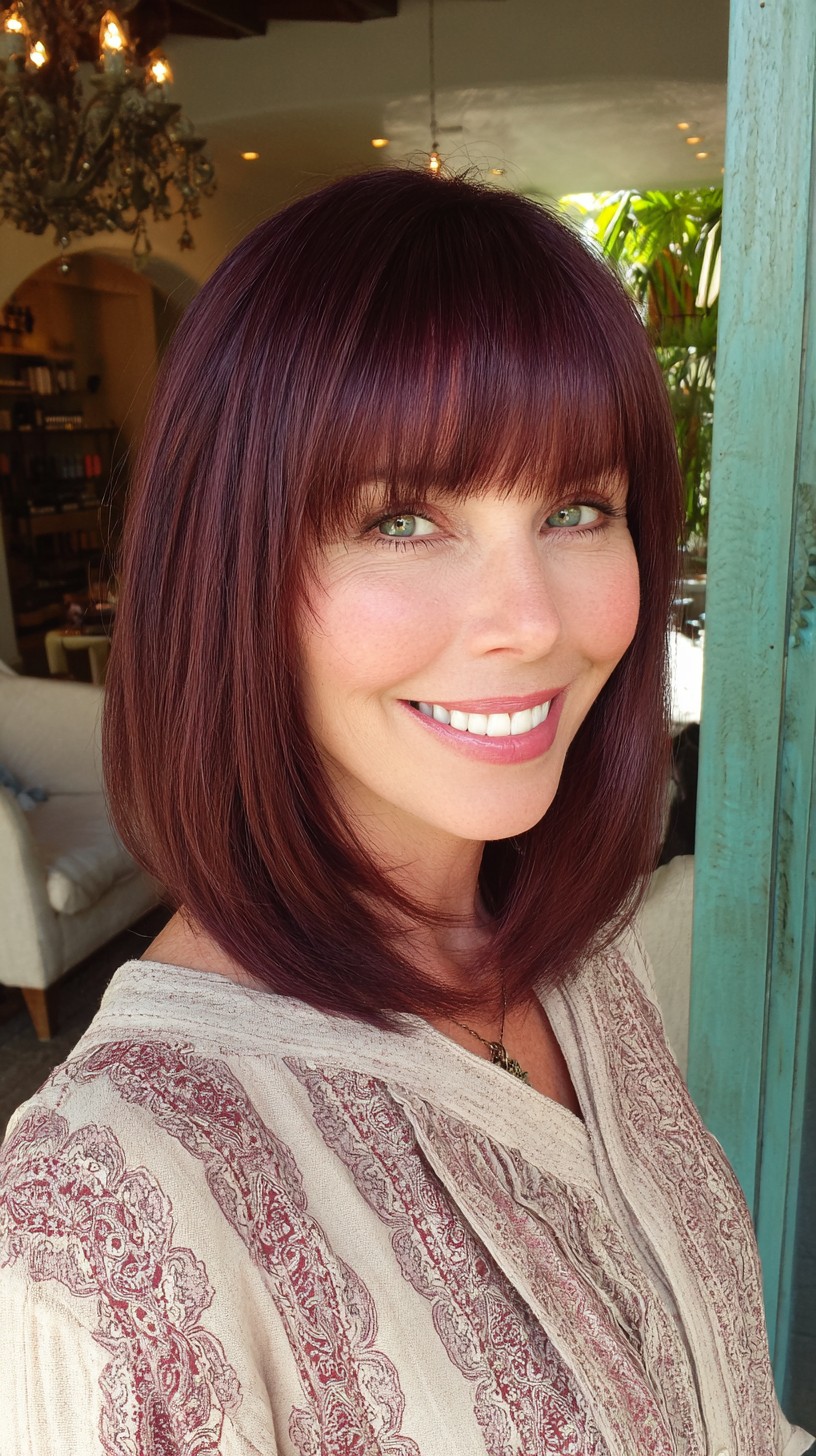 Plum Mahogany Long Bob with Blunt Fringe and Face-Framing Layers