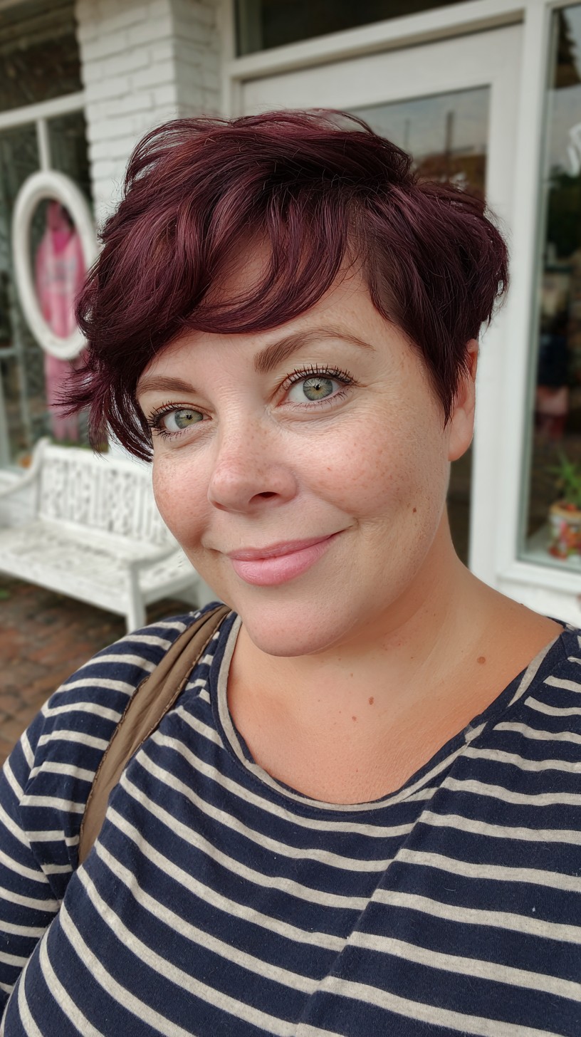 Rich Plum Pixie with Soft Side-Swept Fringe