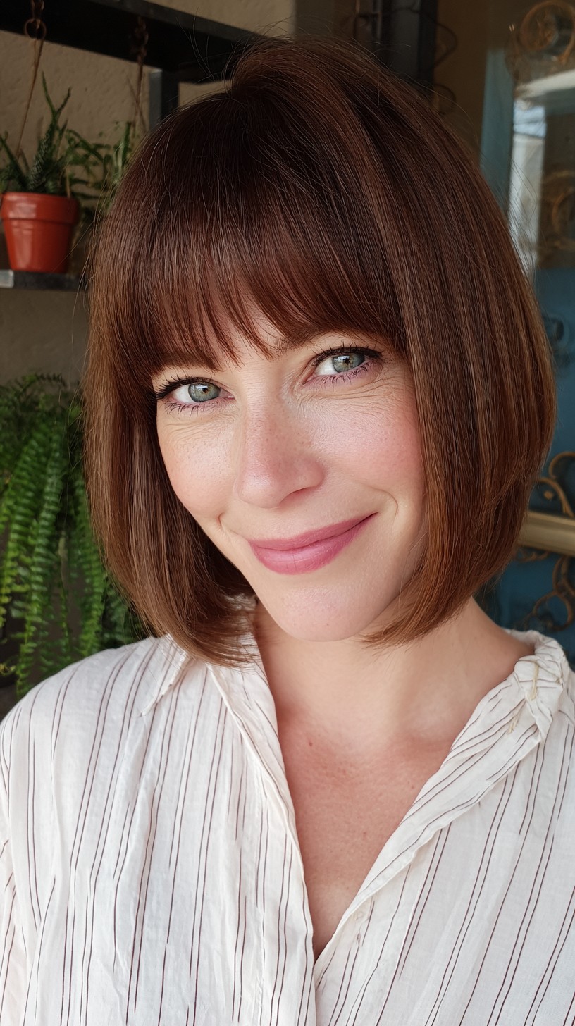 Rounded Chestnut Chin-Length Bob with Soft Blunt Bangs