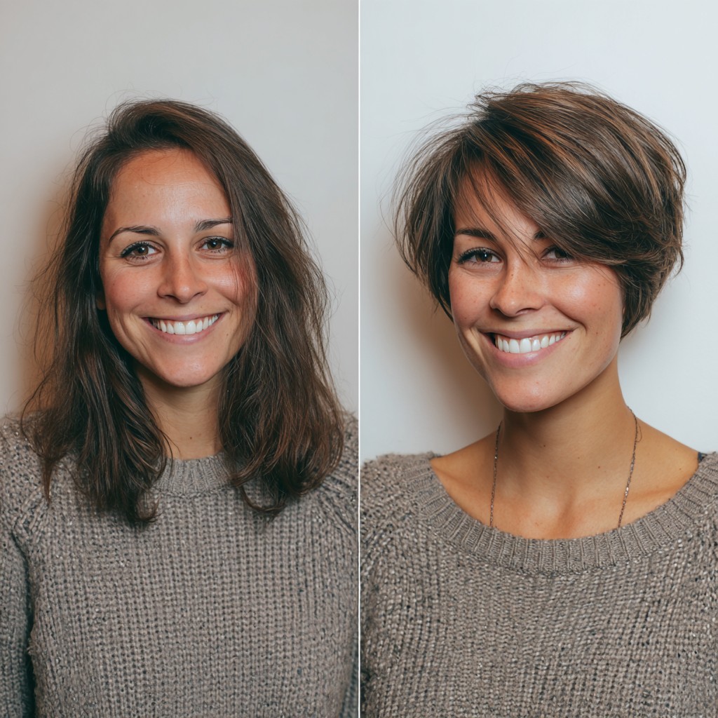 Rounded Chin-Length Pixie Bob with Feathered Crown Layers and Side-Swept Fringe