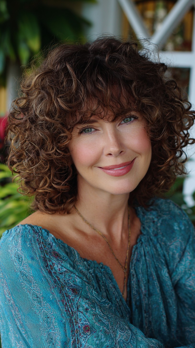 Rounded Curly Shoulder-Length Cut with Soft Blended Bangs