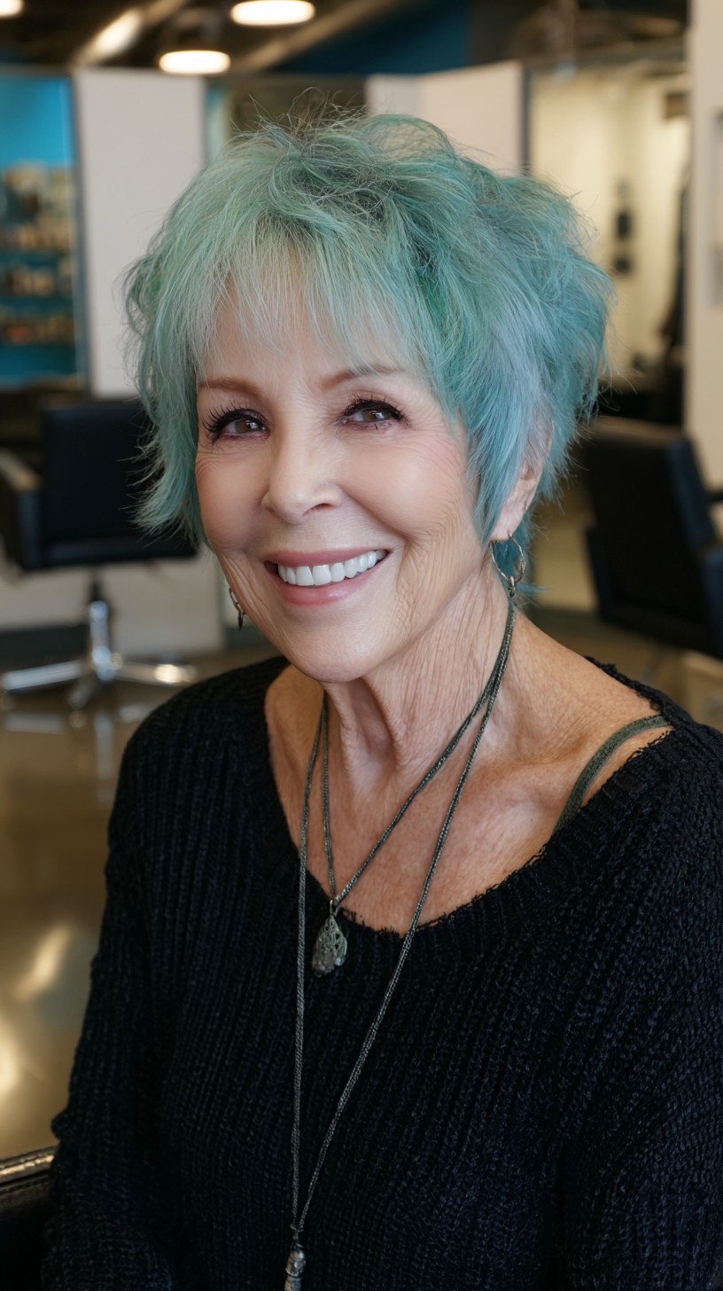 Seafoam Teal Textured Short Pixie with Feathered Fringe