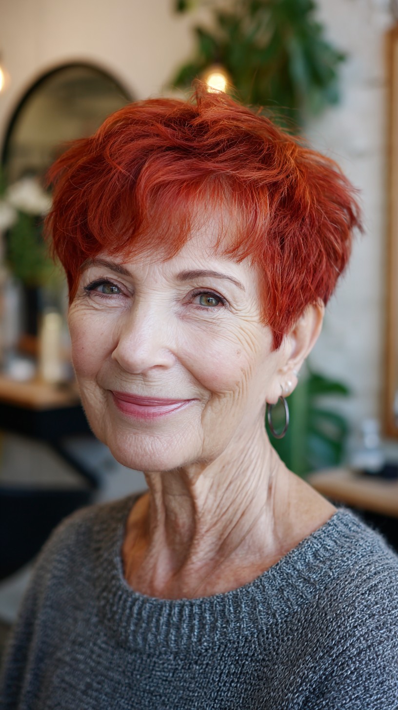 Short Cinnabar Textured Pixie with Soft Fringe and Crown Lift