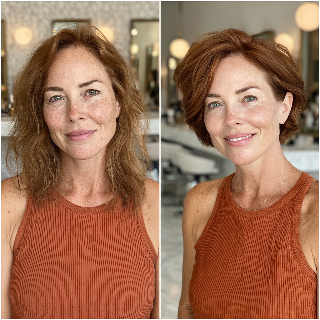 Short Copper Textured Pixie Bob with Soft Temple Sweep