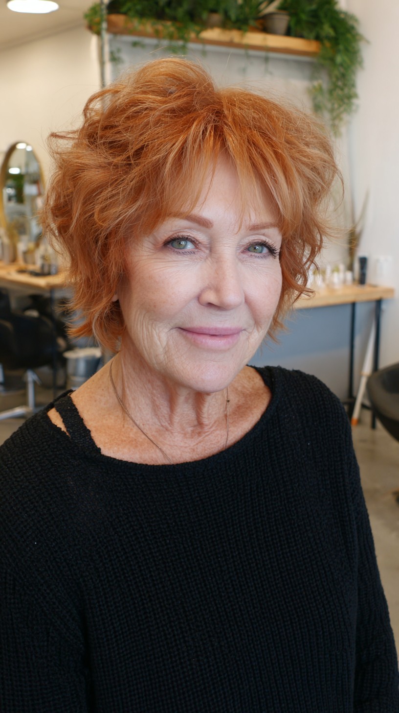 Short Textured Copper Shag with Feathered Fringe and Crown Lift