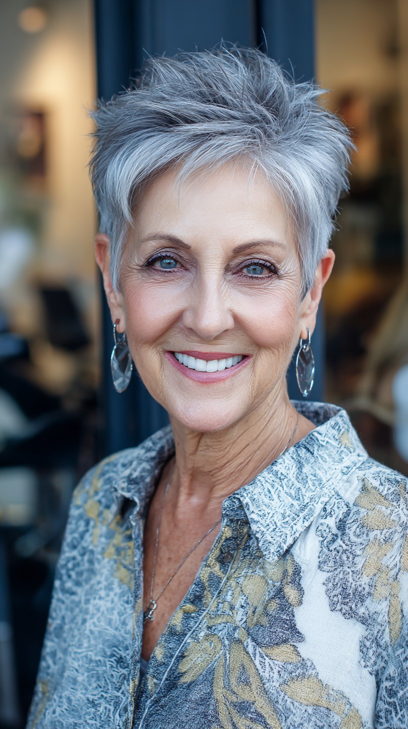 Short Textured Silver Pixie with Lifted Crown and Soft Fringe
