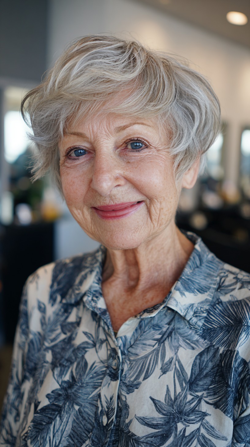 Silver Balayage Feathered Pixie with Side-Swept Fringe