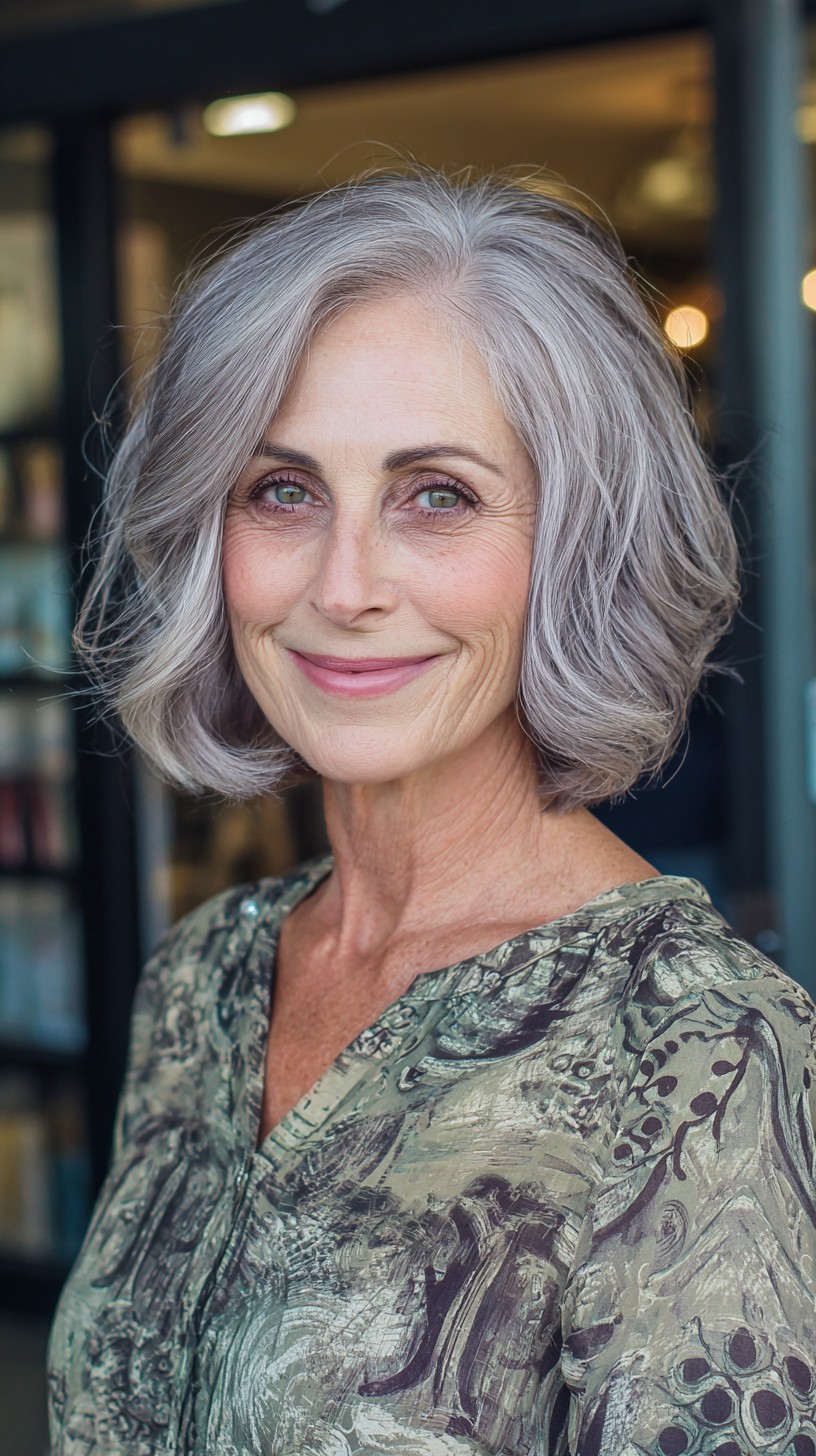 Silver Balayage Shoulder-Length Layered Bob with Off-Center Part