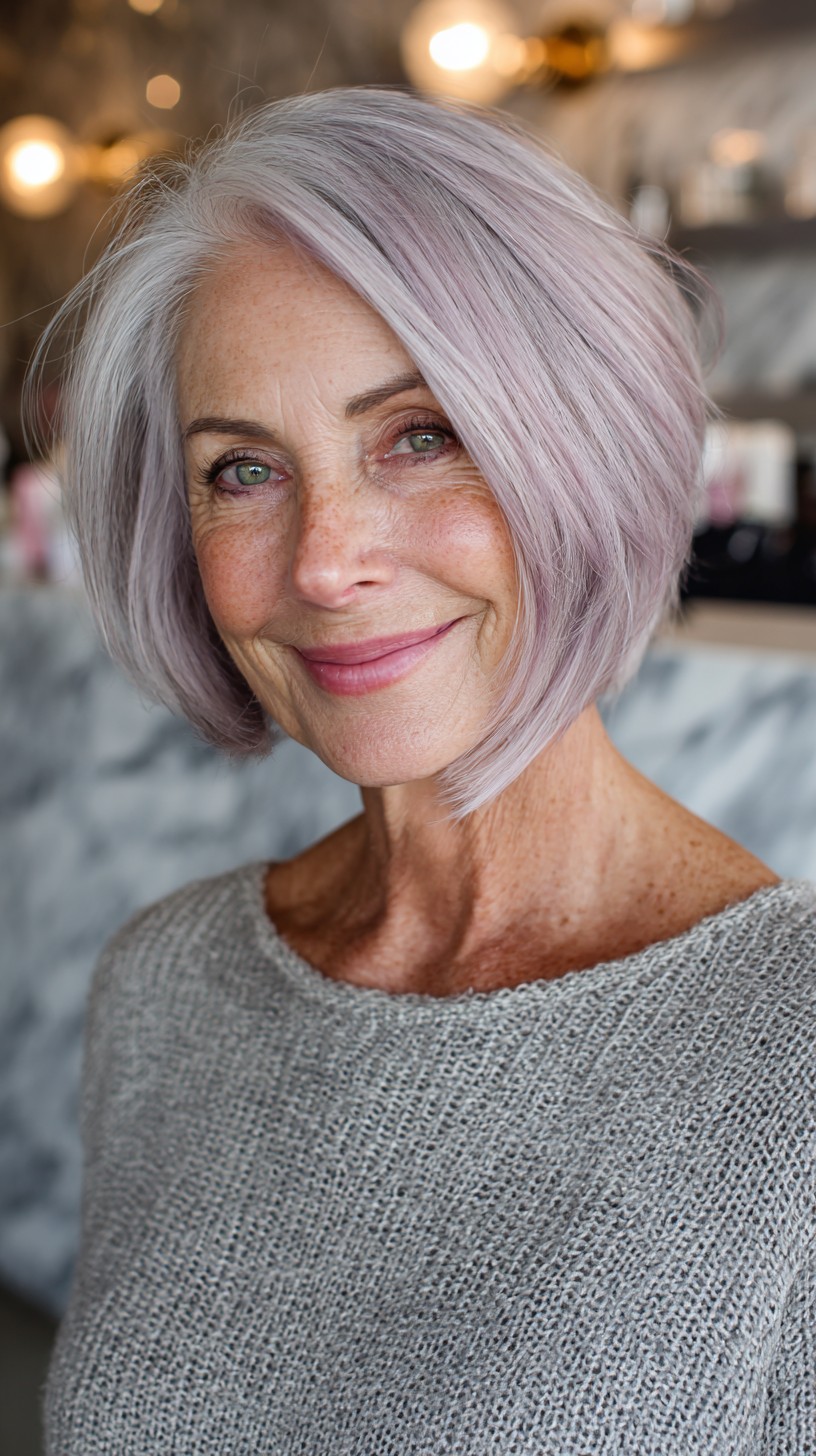 Silver-Lilac Angled Bob with Soft Face-Framing Layers