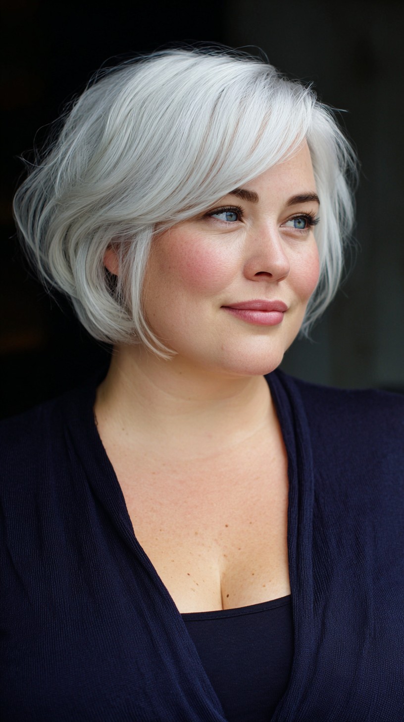 Silver Textured Chin-Length Bob with Deep Side Sweep and Rounded Graduation