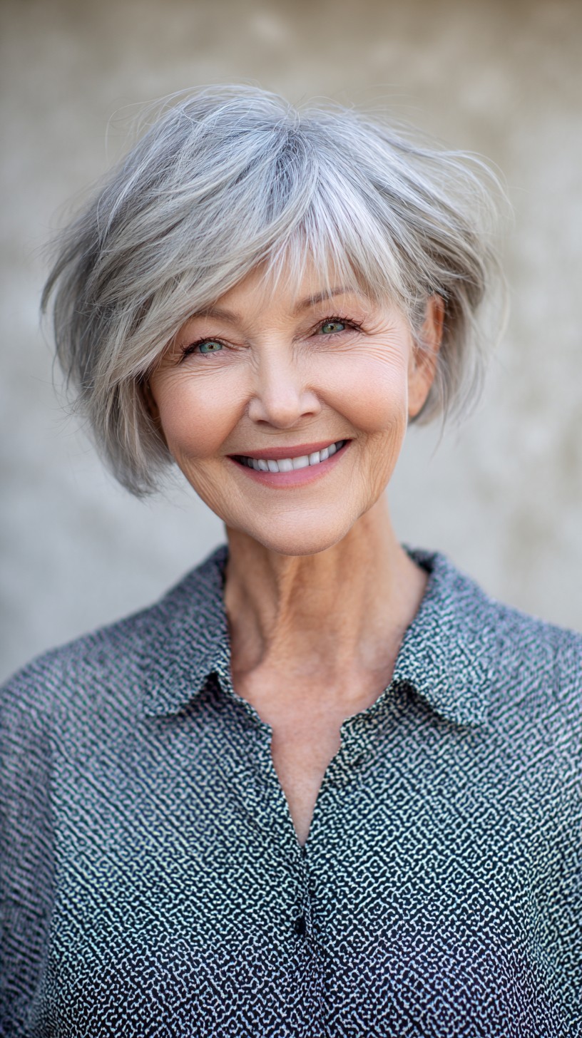 Silver Textured Chin-Length Bob with Wispy Side Fringe