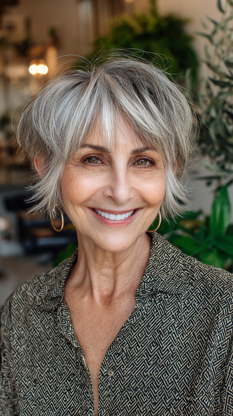 Silver Textured Ear-Length Shag with Feathered Fringe