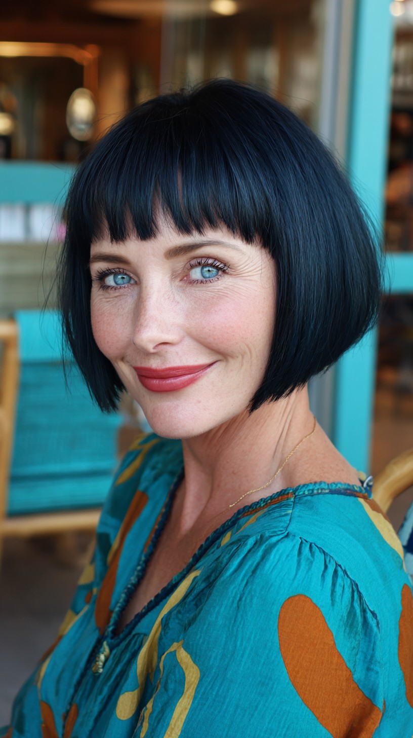 Sleek Blue-Black Chin-Length Bob with Micro Bangs