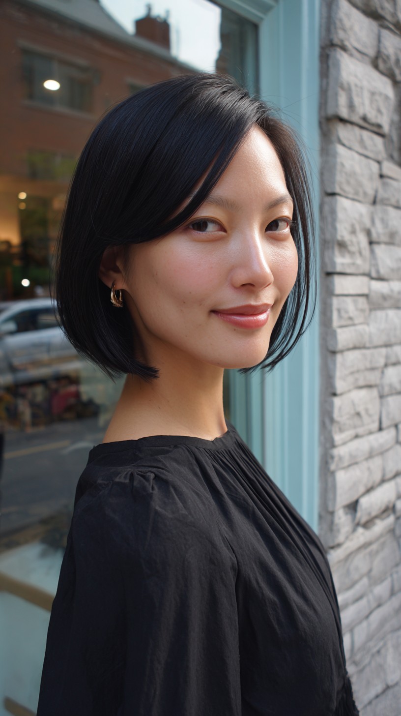 Sleek Chin-Length Blunt Bob with Long Side-Swept Fringe