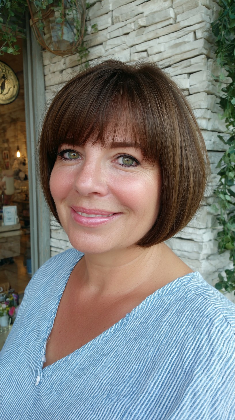 Sleek Chin-Length Rounded Bob with Soft Brow-Grazing Fringe