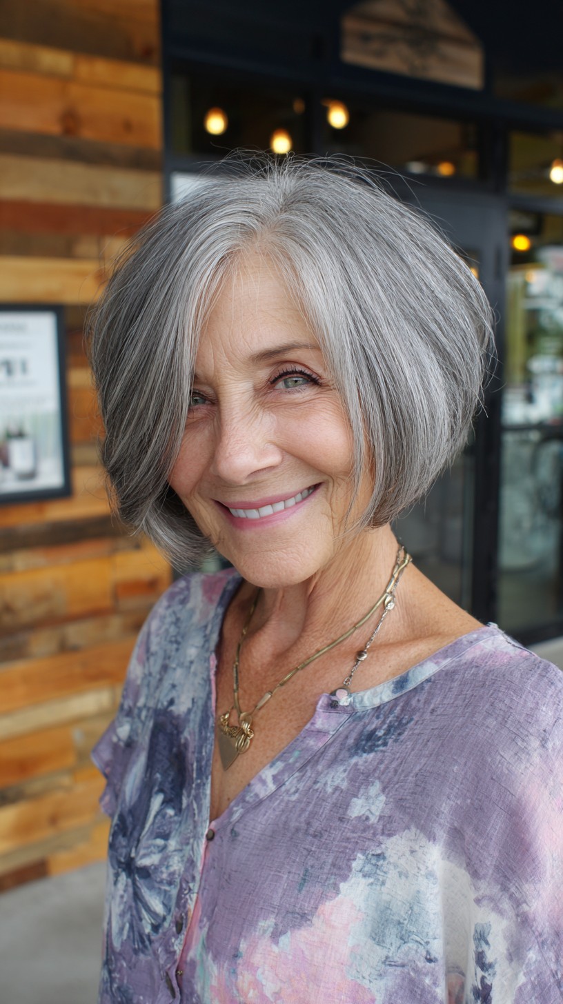 Soft Angled Silver Chin-Length Bob with Face-Framing Layers