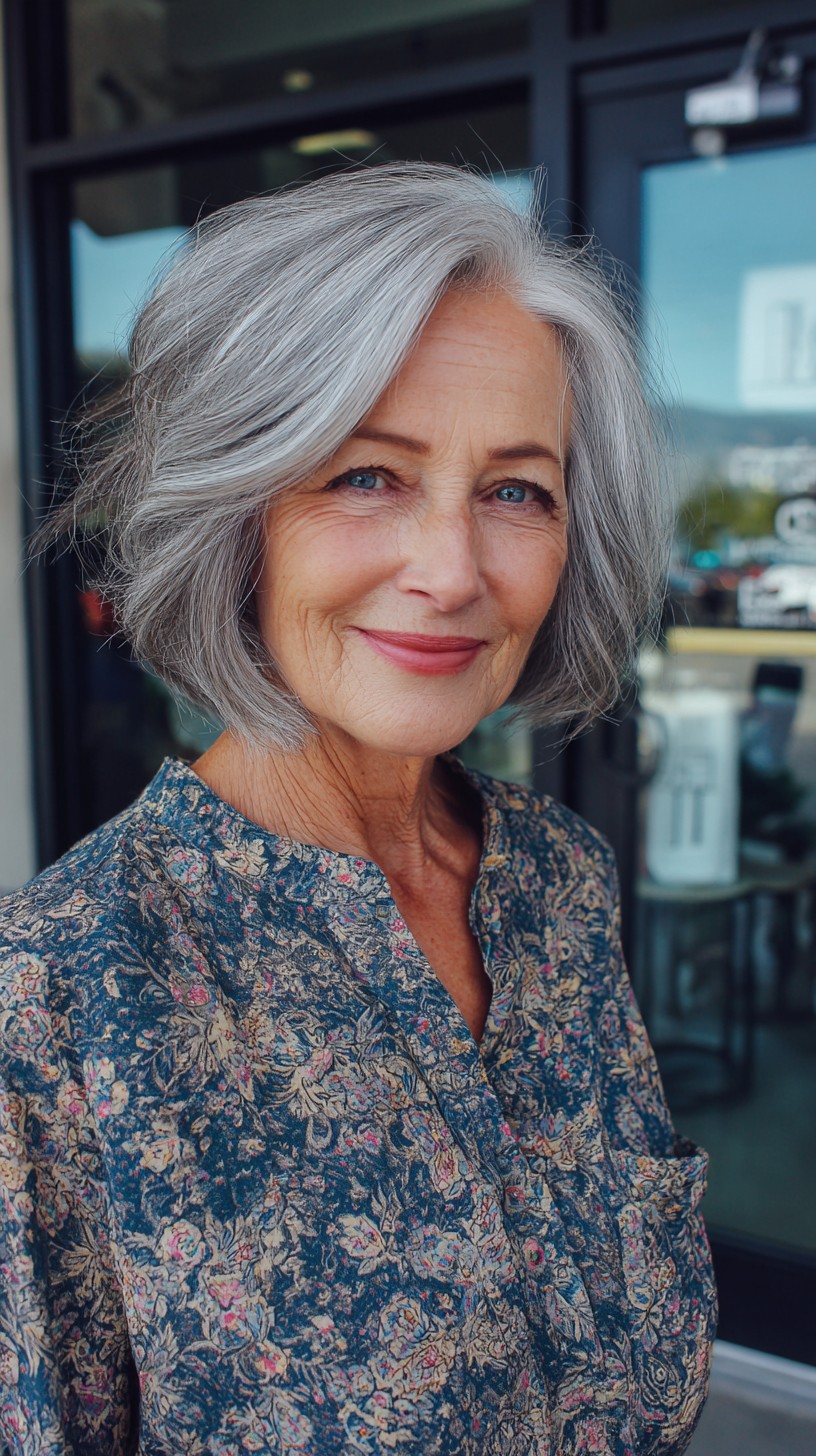 Soft Face-Framing Silver Bob with Root-Shadow Balayage