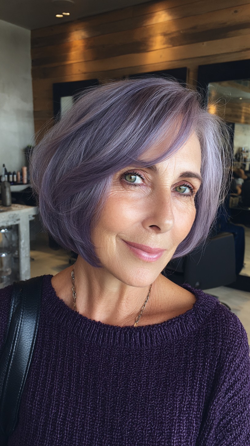 Soft Lilac Stacked Chin-Length Bob with Side-Swept Face-Framing