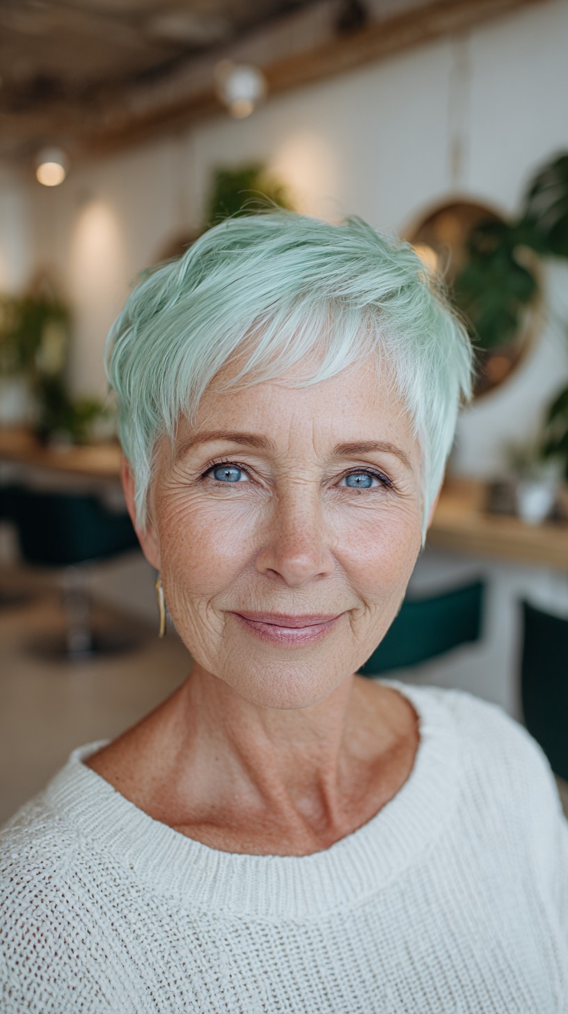 Soft Mint Textured Pixie with Feathered Micro-Bangs
