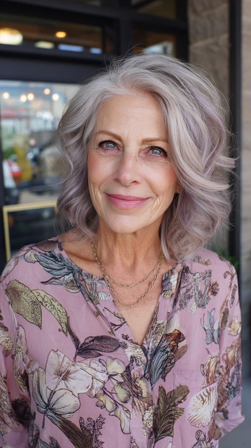 Soft Shoulder-Length Layered Bob with Lavender-Silver Balayage