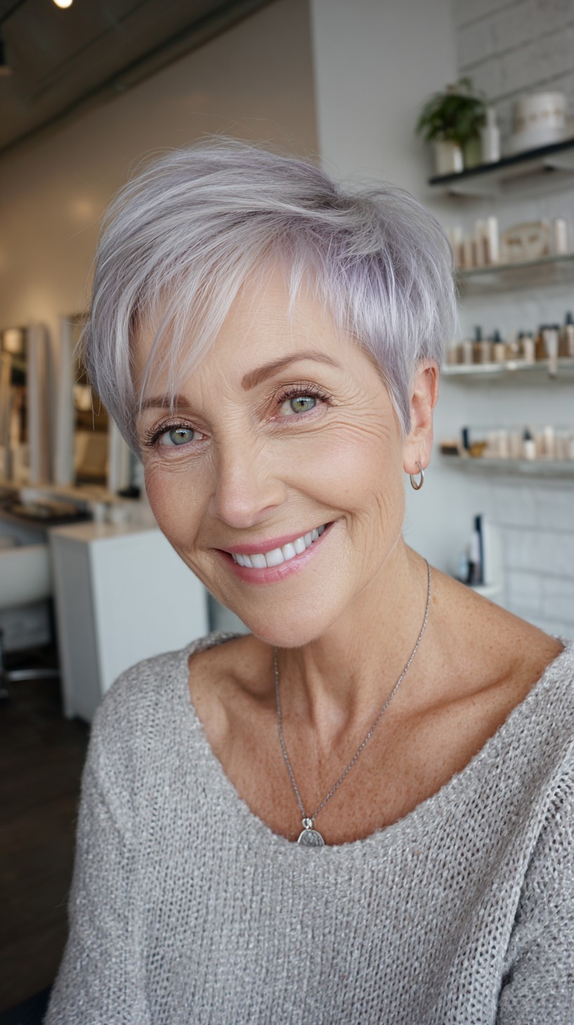 Soft Silver-Lavender Pixie with Feathered Side Fringe