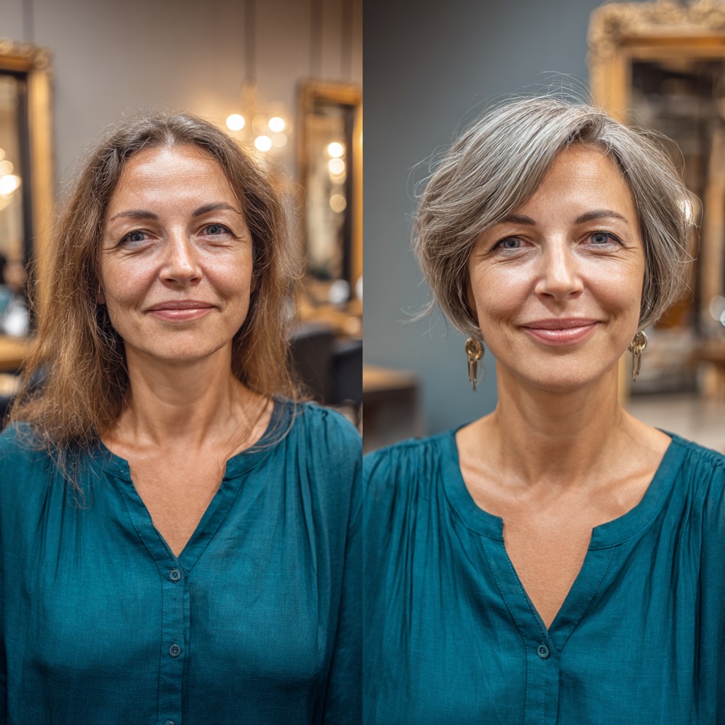 Soft Silver Pixie Bob with Rounded Interior Stack and Side-Swept Fringe