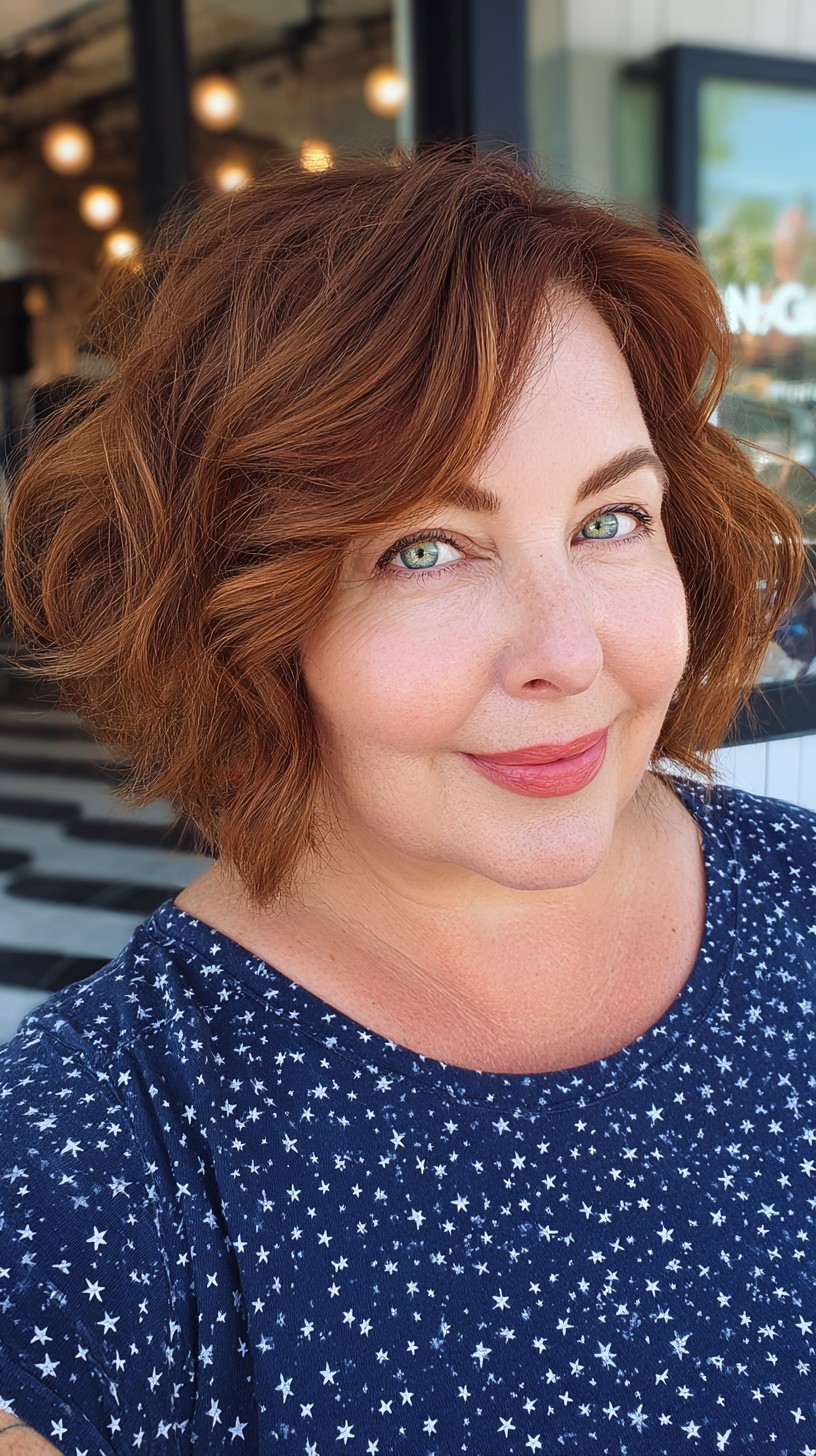 Soft Stacked Auburn Bob with Face-Framing Waves
