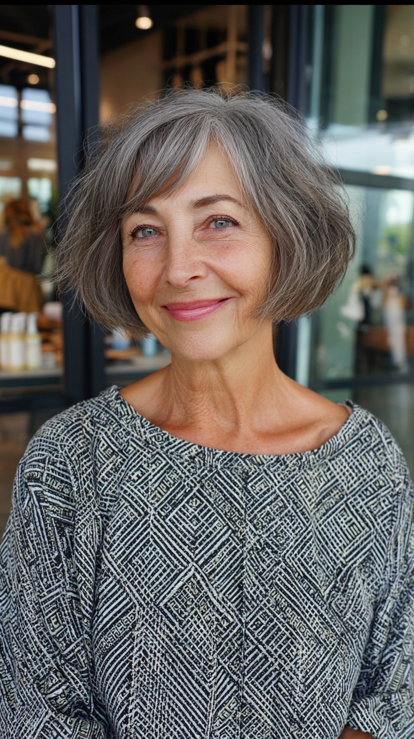 Soft Stacked Chin-Length Bob with Side-Swept Fringe