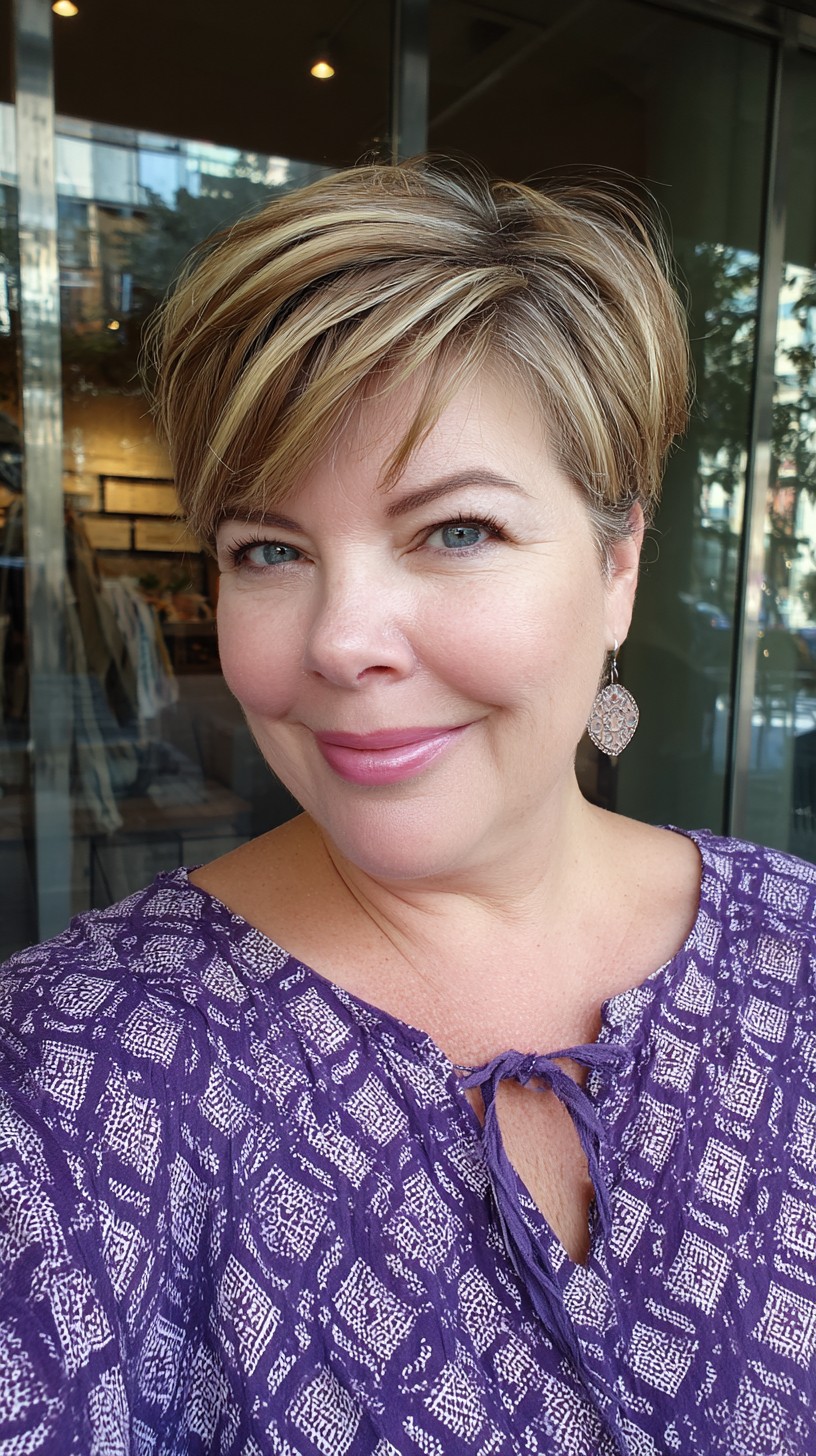 Stacked Bronde Pixie with Lifted Side-Swept Fringe