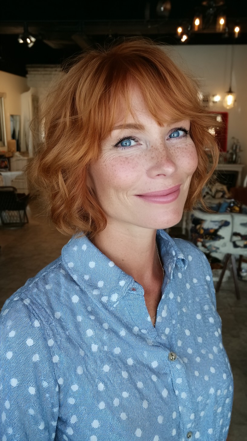 Strawberry-Red Textured Chin-Length Bob with Soft Wispy Bangs