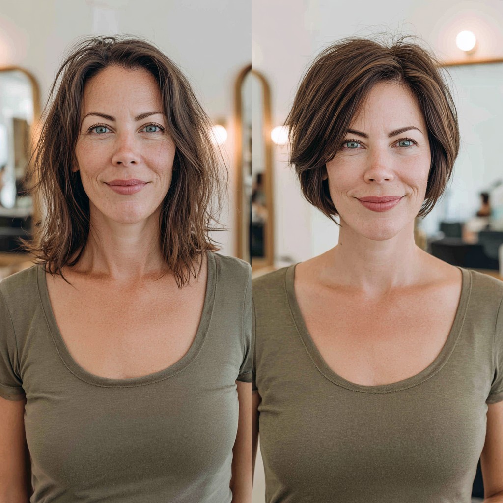 Textured Brunette Pixie Bob with Long Side Fringe and Hidden Nape Stack