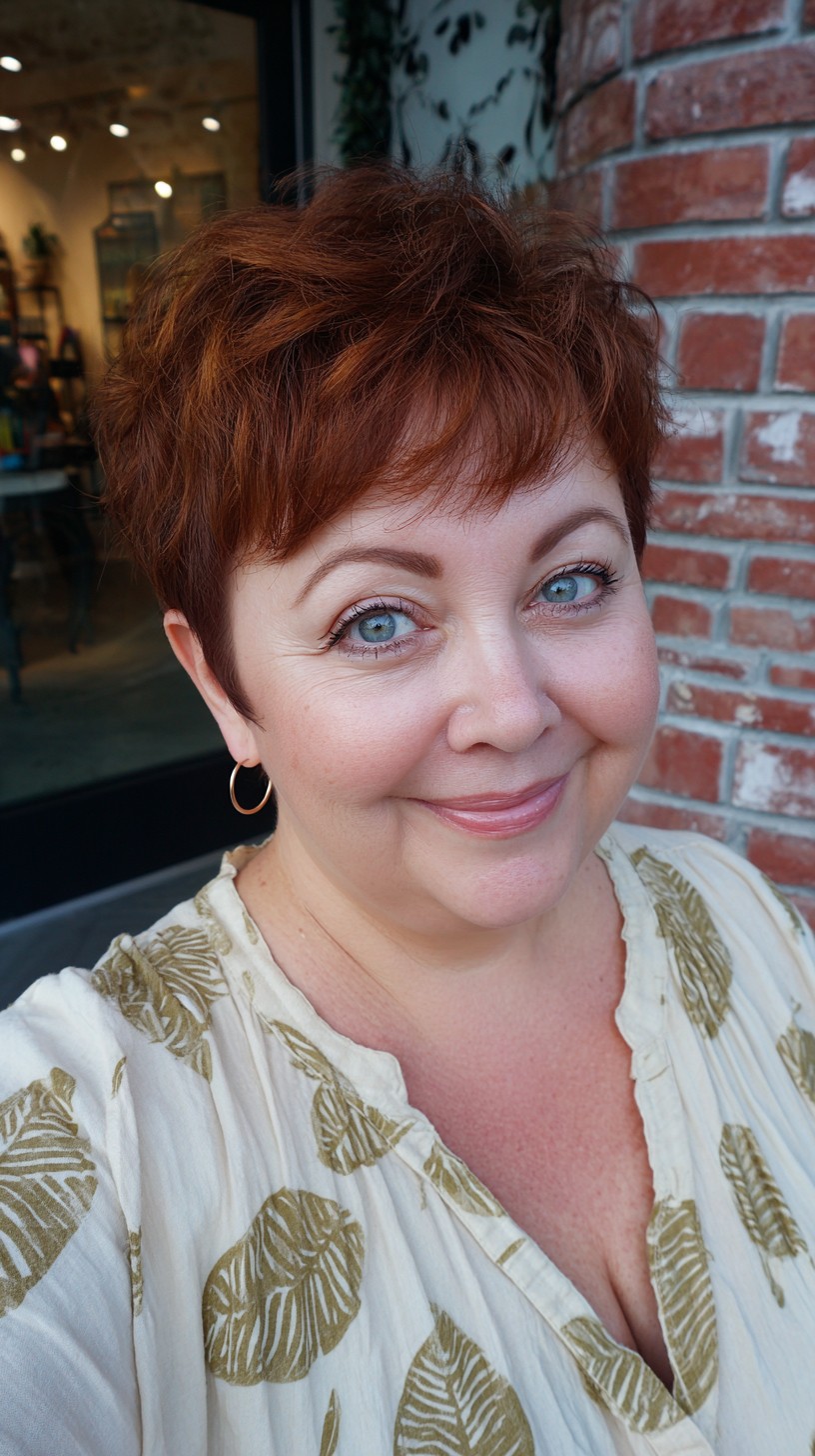 Textured Copper Cropped Pixie with Feathered Fringe