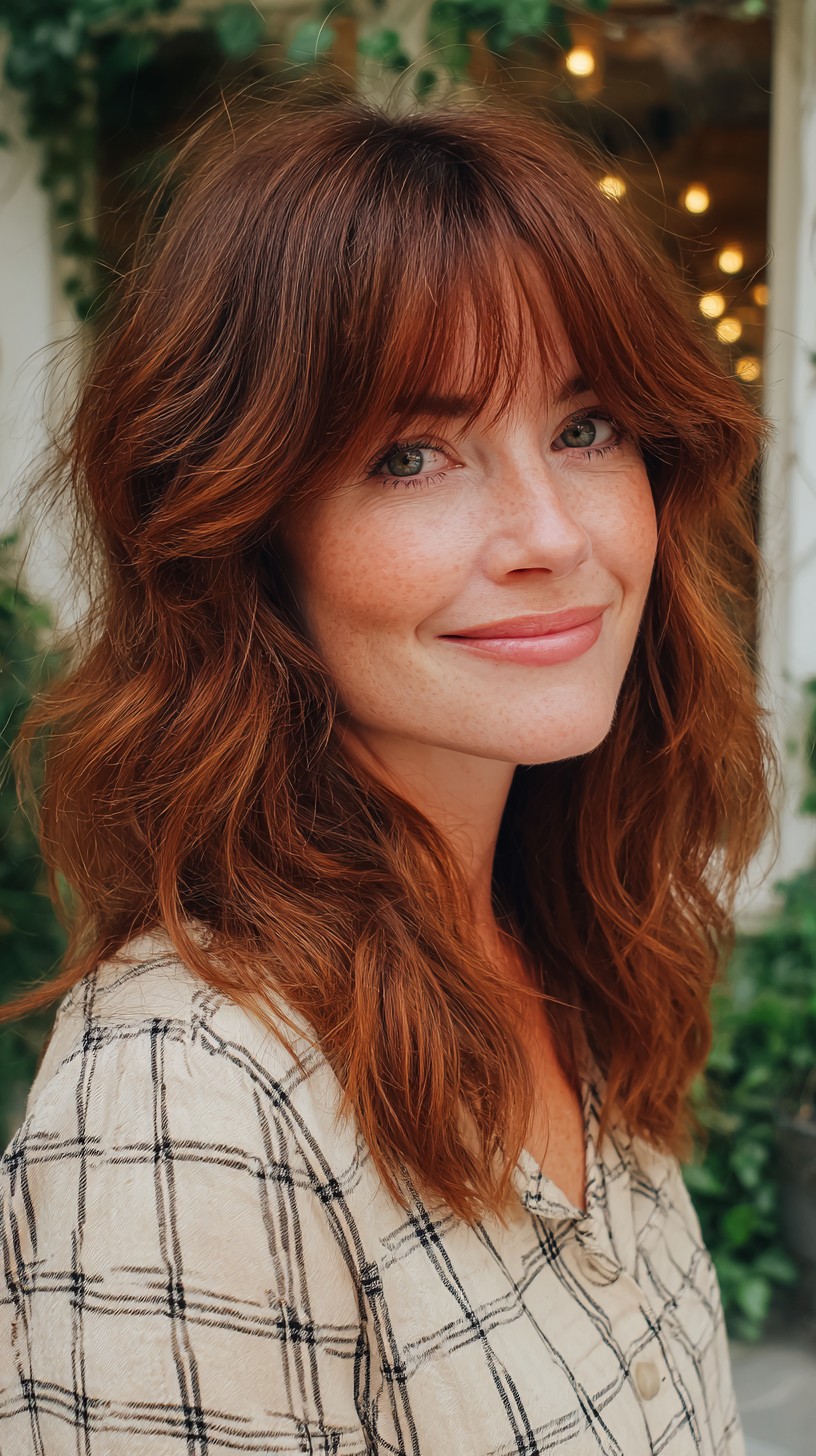 Textured Copper Shoulder-Length Shag with Wispy Curtain Fringe