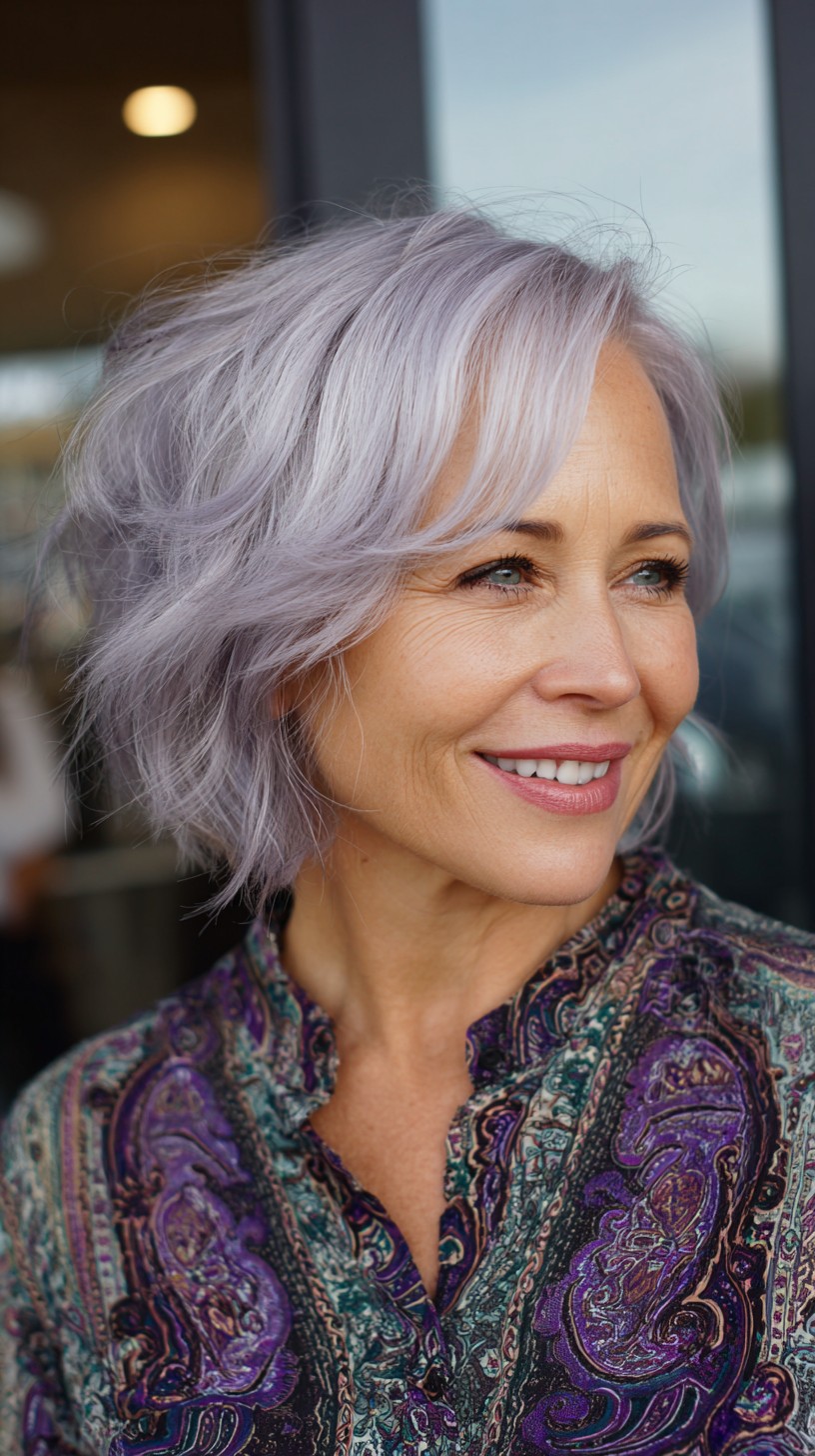 Textured Lavender-Silver Layered Chin-Length Bob with Diagonal Curtain Fringe
