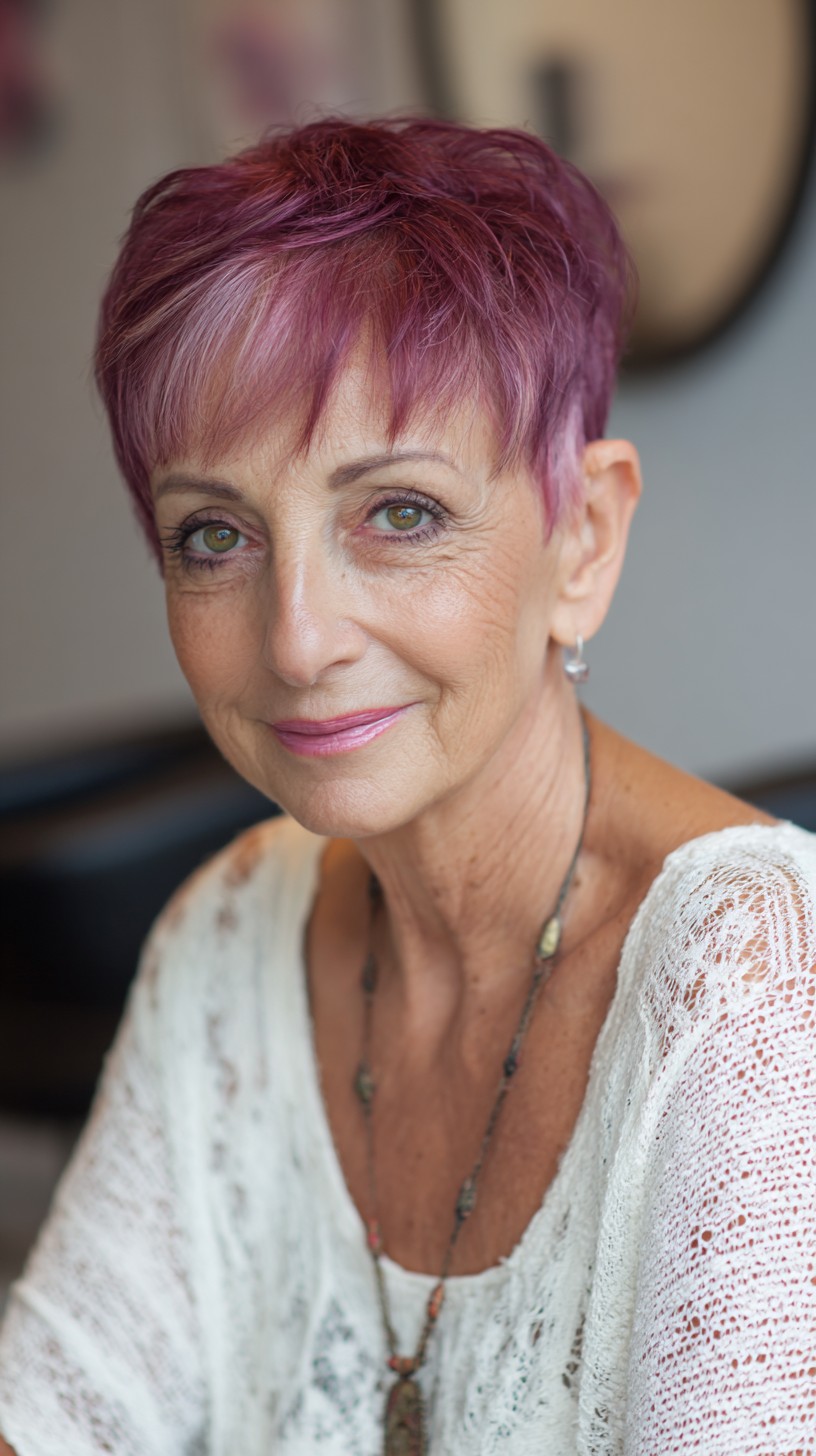 Textured Magenta Pixie with Soft Feathered Fringe