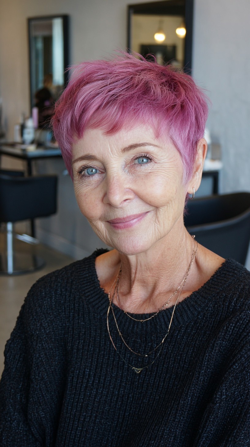 Textured Pastel Magenta Cropped Pixie with Micro Fringe