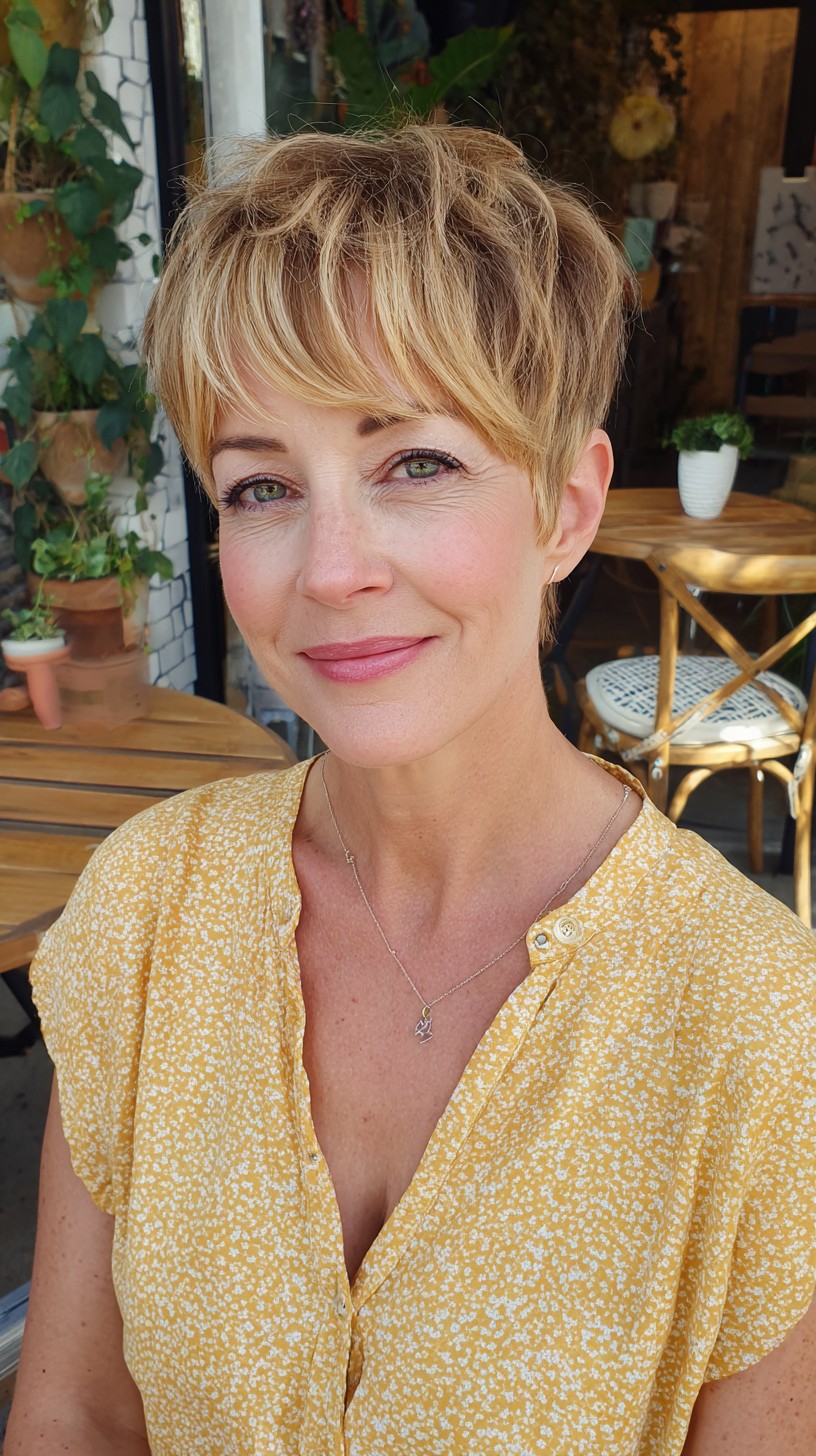 Textured Short Pixie with Airy Side-Swept Fringe and Tapered Nape