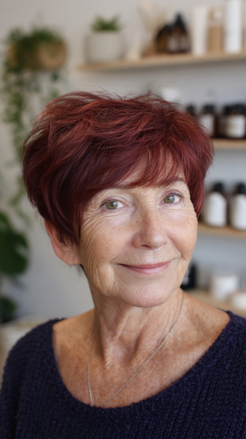 Textured Short Pixie with Warm Burgundy Layers